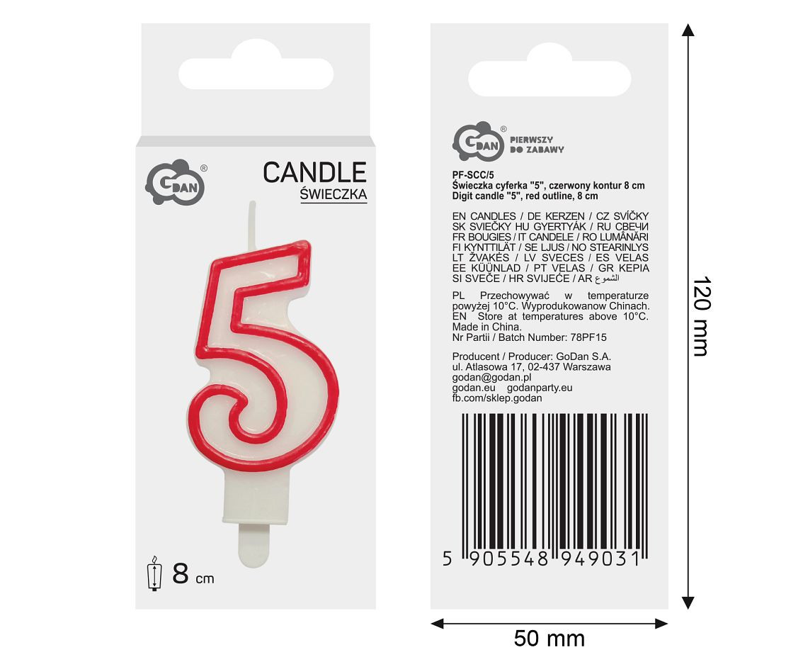Świeczka cyferka "5", czerwony kontur 8 cm